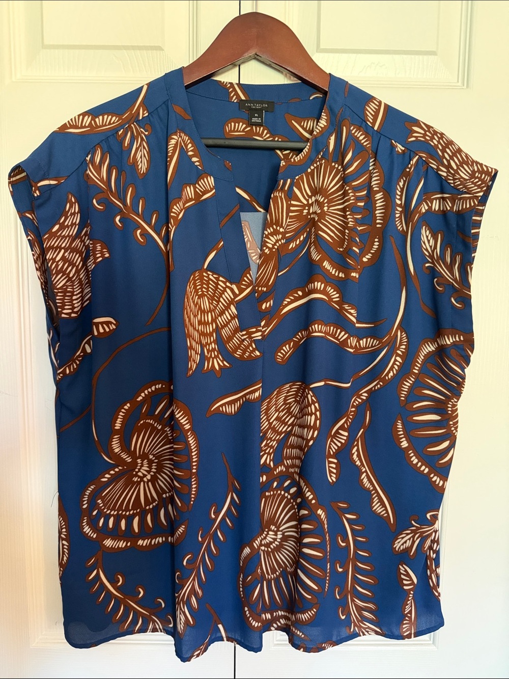 Ann Taylor Blue and Brown Floral Cap-Sleeve Blouse